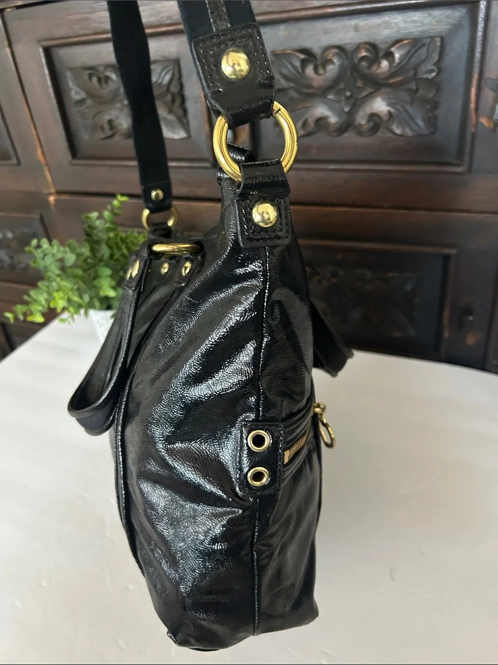 Coach Black Patent Leather Shoulder Tote with Heart Zip Pulls